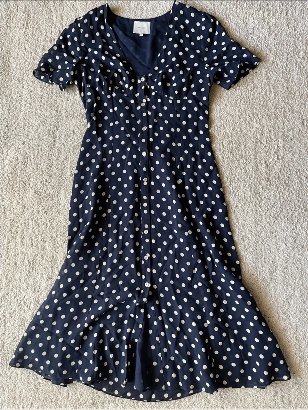 Reformation Lise Midi Dress in Polka Dot Blue White - Picture 3 of 10